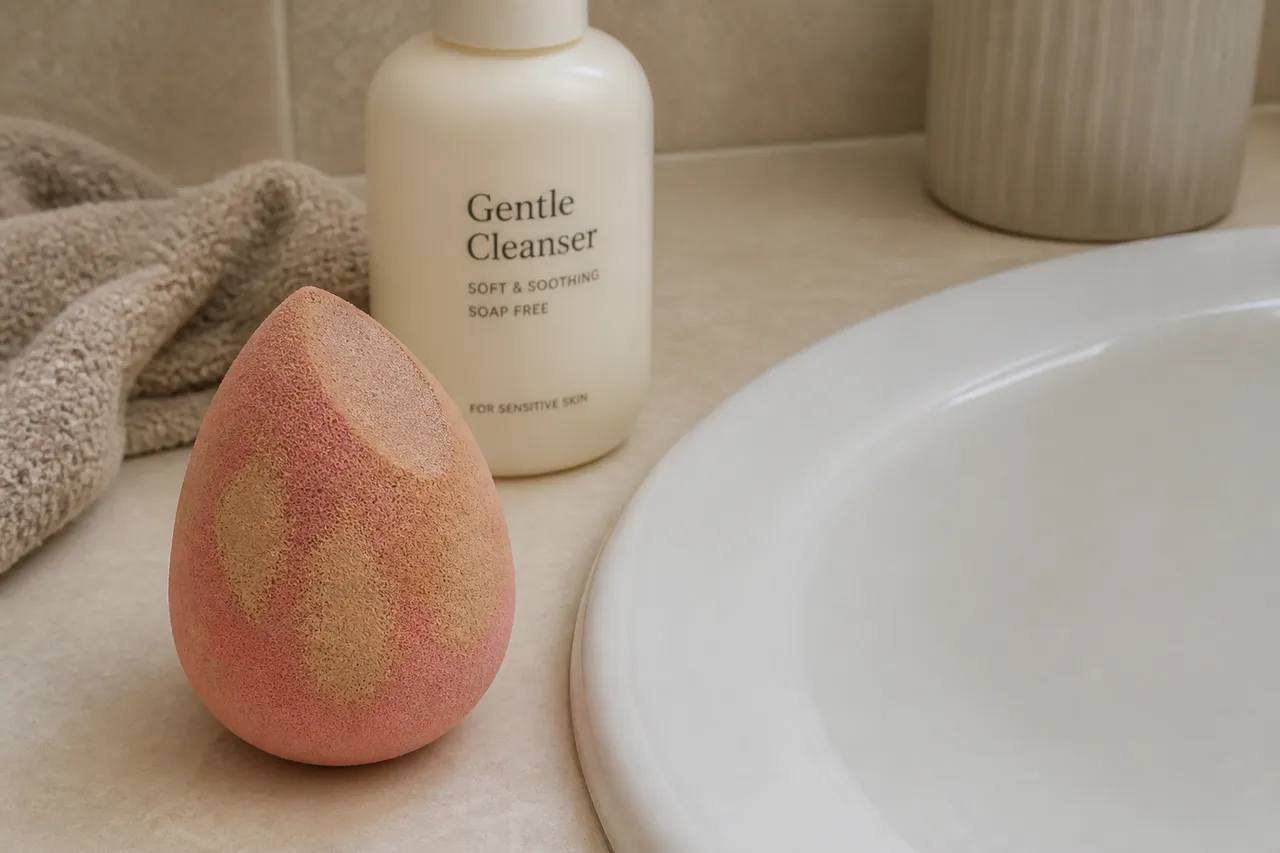 beauty blender murdar cu reziduuri de machiaj